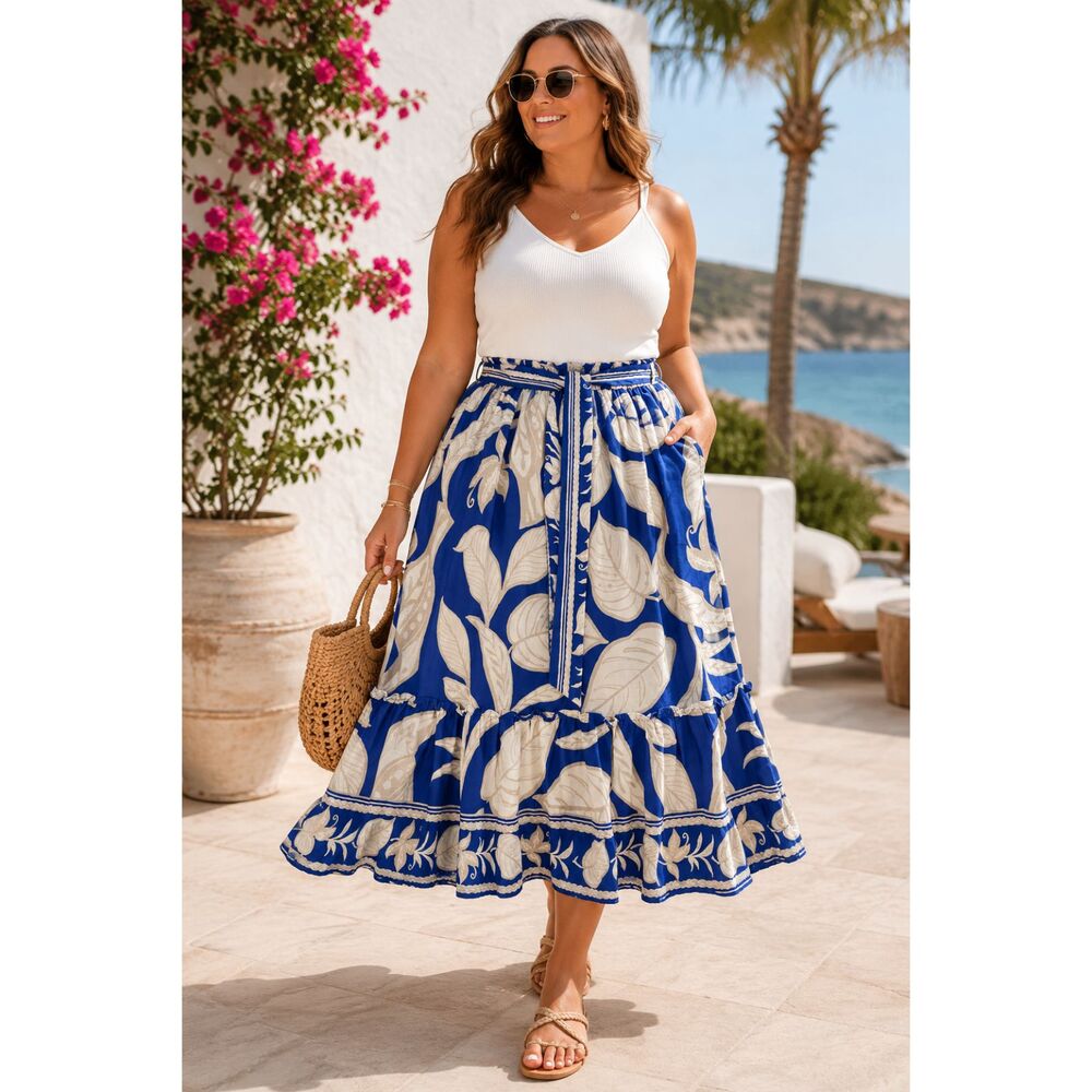 Rachel Zoe Blue Floral Linen Blend A-Line Midi Skirt Elastic Waist XL NWOT